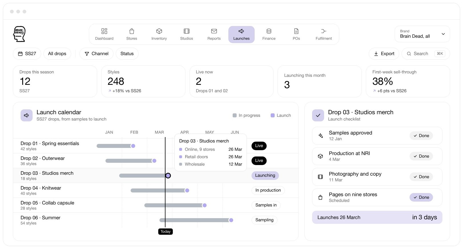 The Go to Market tracker: SS27’s drops on a launch calendar from samples to launch, today’s line, the launch dates by channel for Drop 03 and its launch checklist.