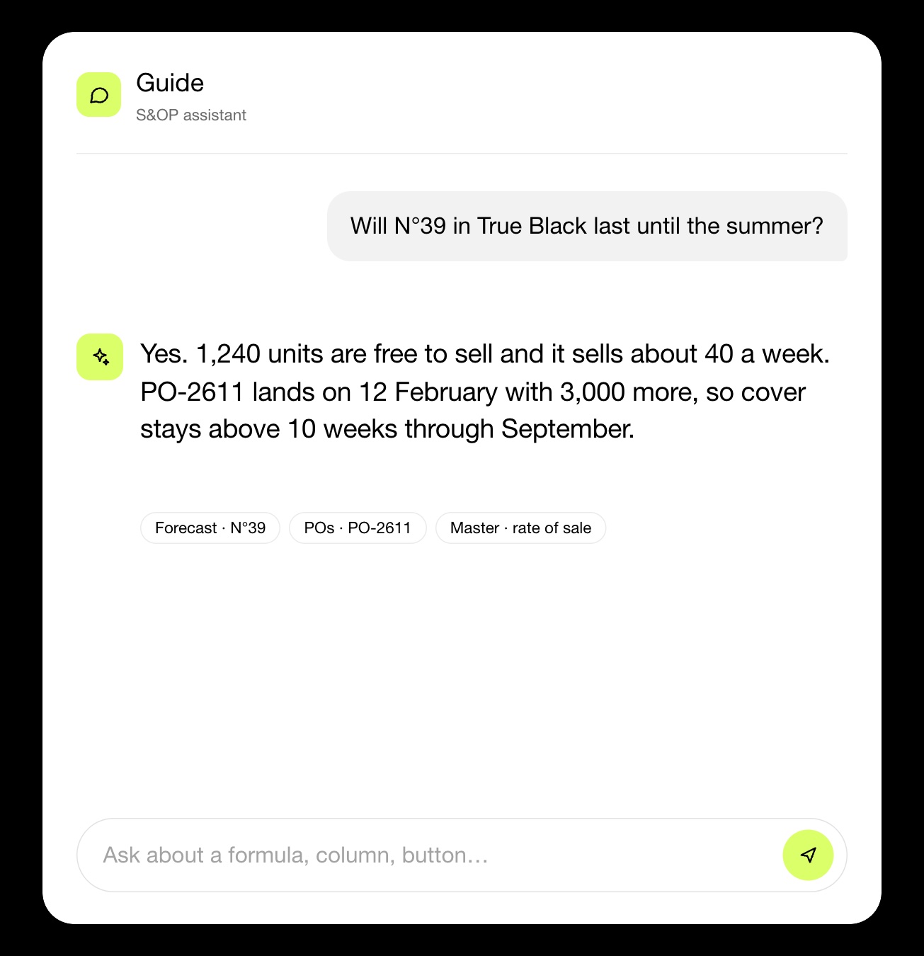 The S&OP Guide answering whether the Sports Bra N°39 in True Black will last until the summer, citing the forecast, the PO book and the rate of sale.